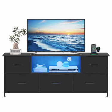 Advwin TV Unit Cabinet 140cm with Charging Station, TV Stand with 5 Storage Drawers & Open Shelf,
